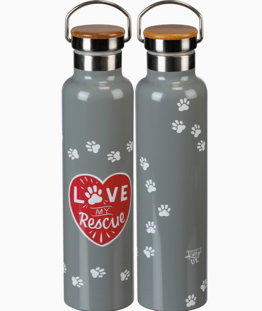 Two gray water bottles with paw prints and a red heart design on a white background