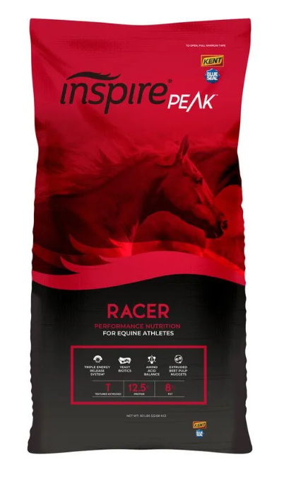 Bag of Inspire Peak Racer horse feed with a red and black design.