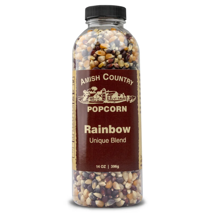 Bottle of Amish Country Popcorn Rainbow Unique Blend on a white background
