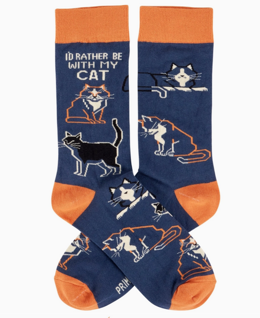 Pair of blue and orange novelty socks featuring cat design and saying "I'd rather be with my cat," on a white background.