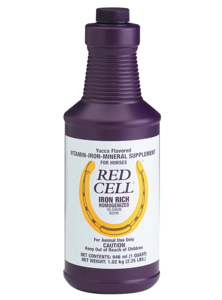 Purple bottle of Red Cell Iron Rich horse supplement on a white background.