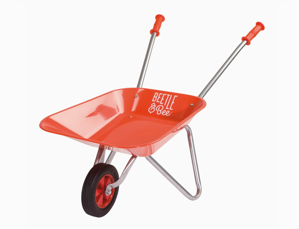 Red children's wheelbarrow with 'Beetle & Bee' branding on a white background
