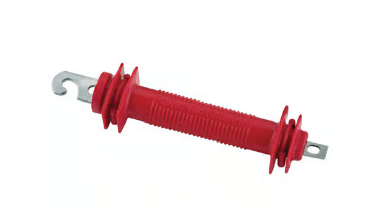 Red plastic electric fence gate handle on a white background.