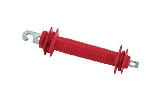 Red plastic electric fence gate handle on a white background.