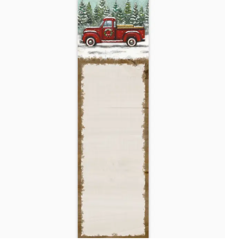 Notepad with an illustration of a red truck at the top, on a white background.