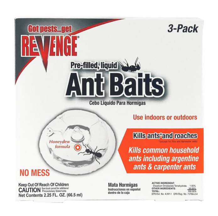 Revenge ant bait packaging with text and images of ants on a white background