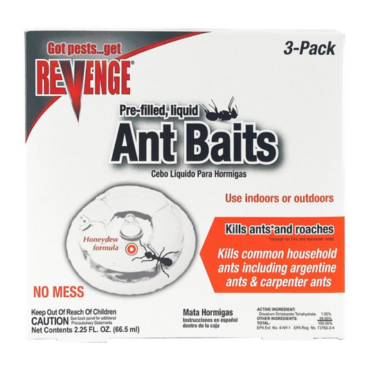 Revenge ant bait packaging with text and images of ants on a white background