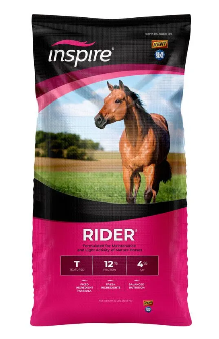 Bag of Inspire Rider horse feed with a horse on the label