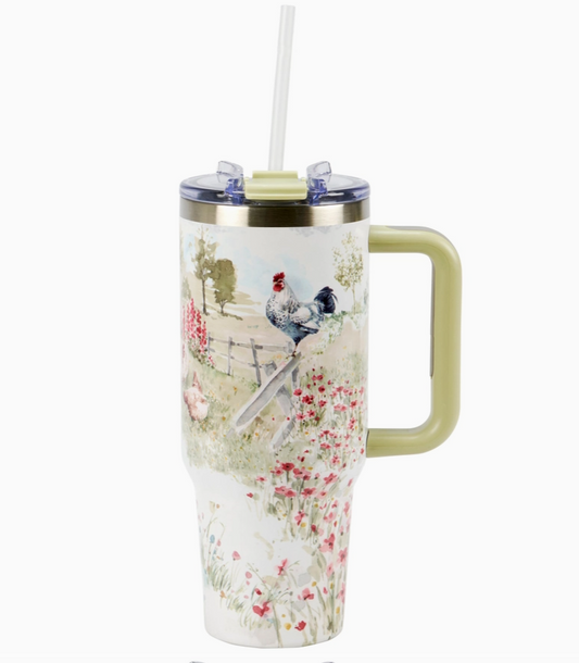 Travel mug with farm scene and rooster, on a white background.