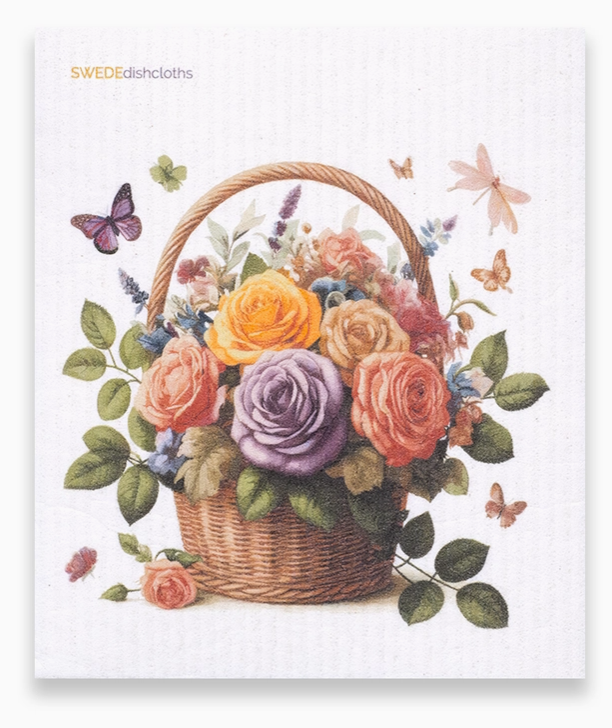 Floral design with a basket of flowers and butterflies on a white background, featuring the brand 'Swede dishcloths'.