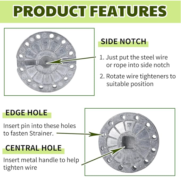 Metal fenc tightener with labeled features including side notch, edge hole, and central hole on a white background.