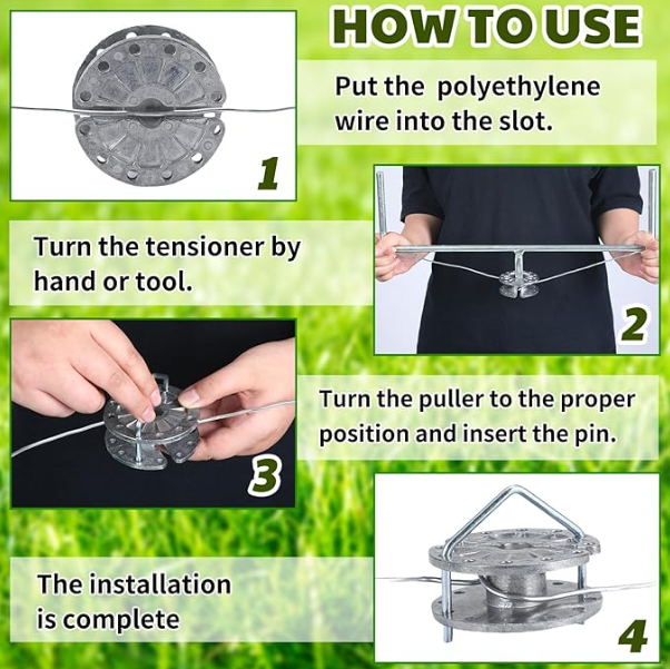 Step-by-step guide on how to use a  wire tensioner with text instructions.