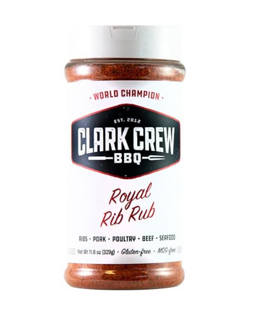 Bottle of Clark Crew BBQ Royal Rib Rub seasoning on a white background
