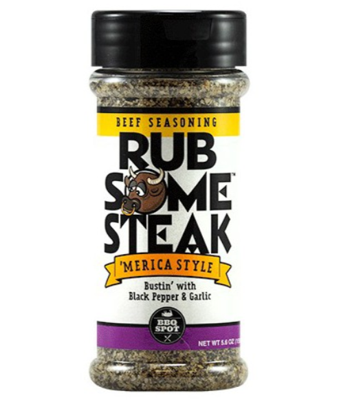 Bottle of Rub Some Steak beef seasoning on a white background.