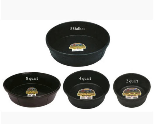 Set of black rubber feed pans with labeled capacities on a white background