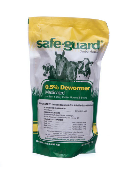 Bag of Safe-Guard dewormer pellets on a white background.