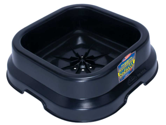 Black plastic salt block holder on a white background.