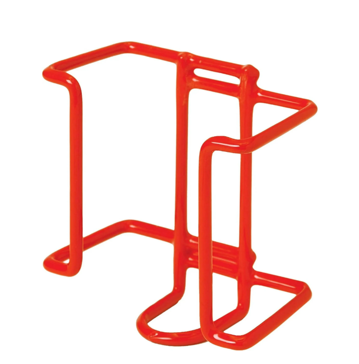 Red metal salt block holder on a white background