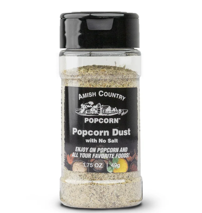 Amish Country Popcorn Dust with No Salt packaging on a white background