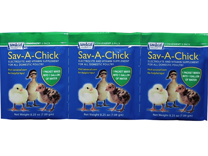 Three packages of Sav-A-Chick poultry supplement with cartoon chicks on a white background