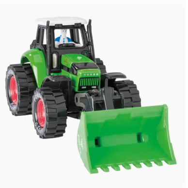 Toy tractor with a green front loader on a white background