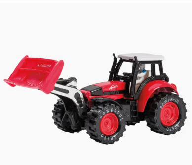 Red toy tractor with a white cabin and red front loader on a white background