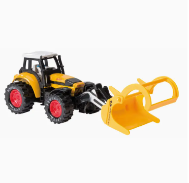Toy tractor with a yellow front loader on a white background