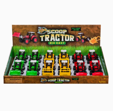 Display box of Scoop Tractor toy sets with various colors on a white background