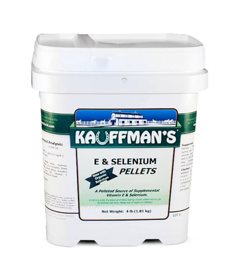 Tub of Kauffman's Vitamin and Selenium Pellets on a white background.