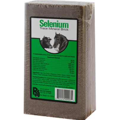 Selenium trace mineral brick packaging with horse images on a white background