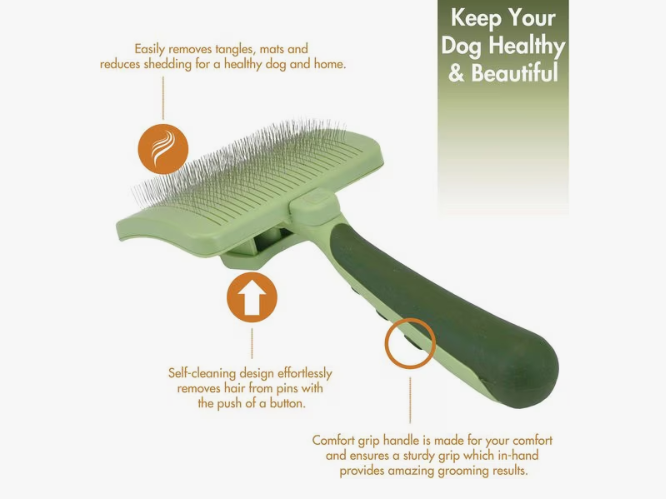 Green pet grooming brush with text highlighting features on a white background