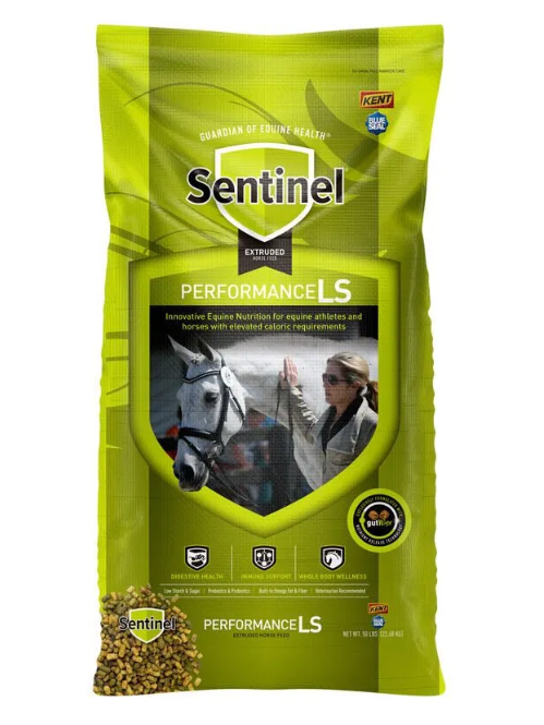 Green package of Sentinel Performance LS horse feed with images of a horse and person on a white background