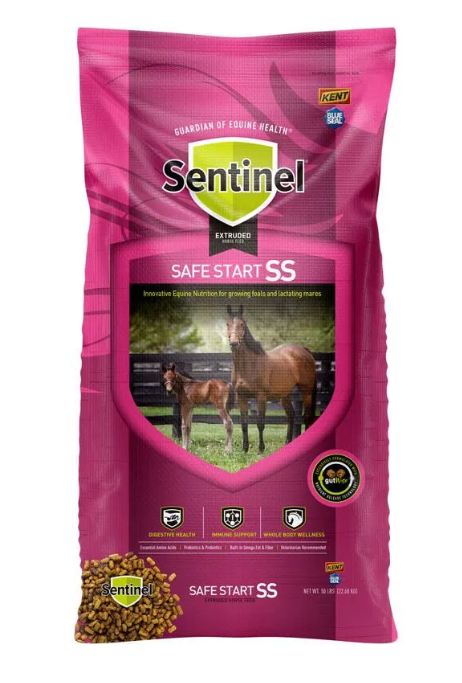 Pink package of Sentinel Safe Start SS for horses with images of horses and text on a white background.