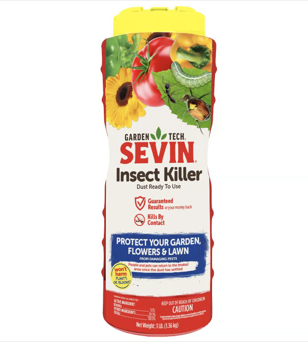 Sevin Insect Killer bottle with garden-themed design on a white background