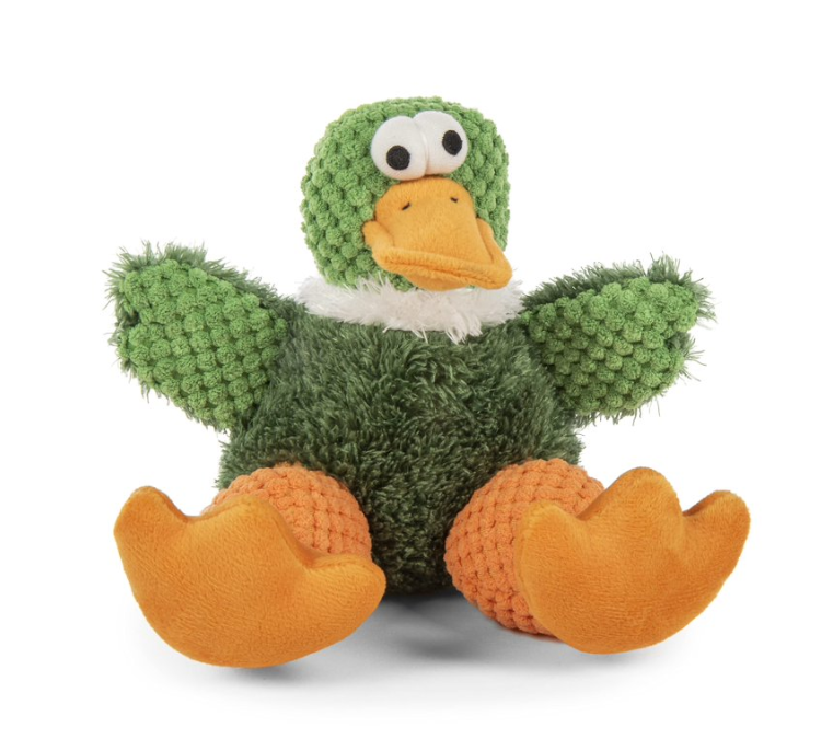 Green plush duck toy with orange feet on a white background