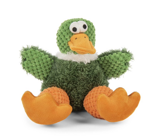 Green plush duck toy with orange feet on a white background