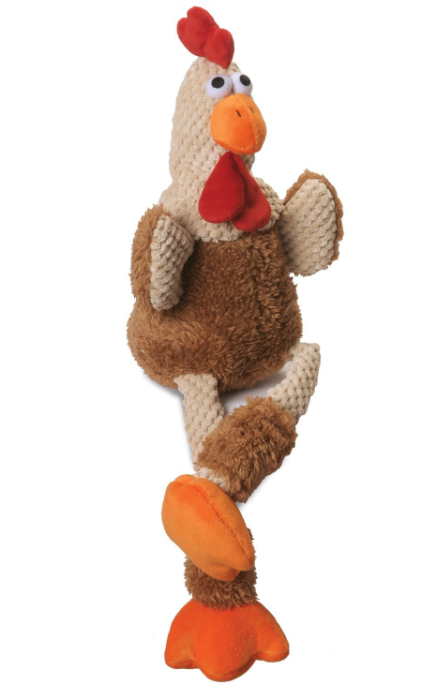 Skinny Rooster dog toy with legs crossed against a white background.
