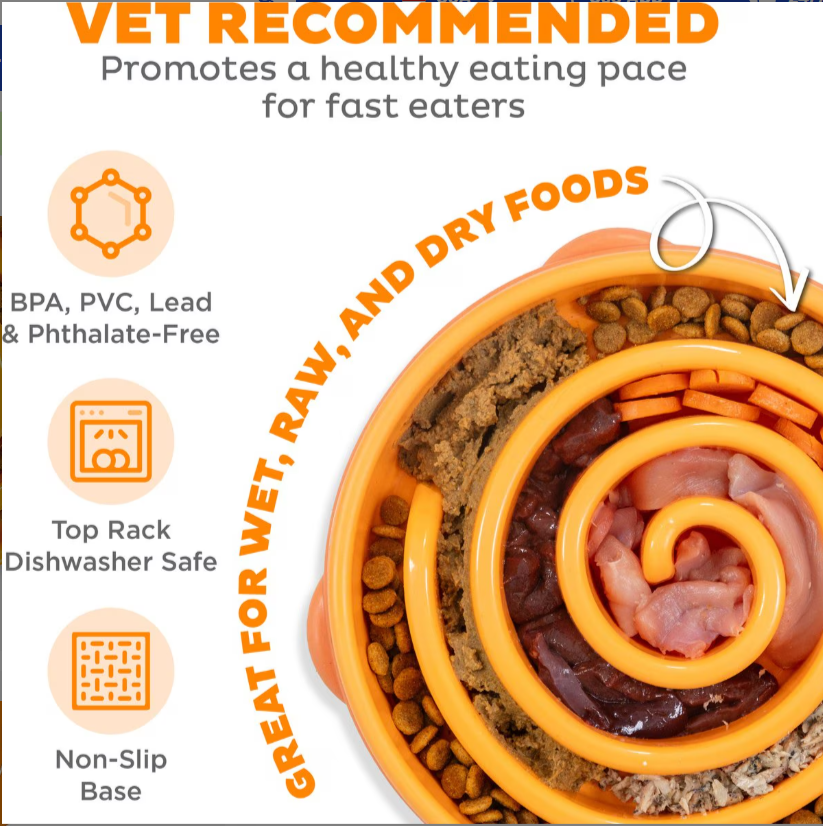 Orange pet food bowl with various types of pet food and text highlighting features.