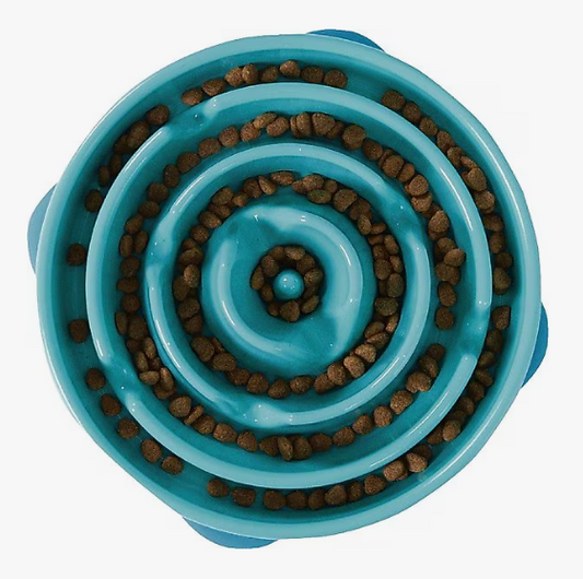 Blue pet food bowl with a spiral design filled with kibble on a white background