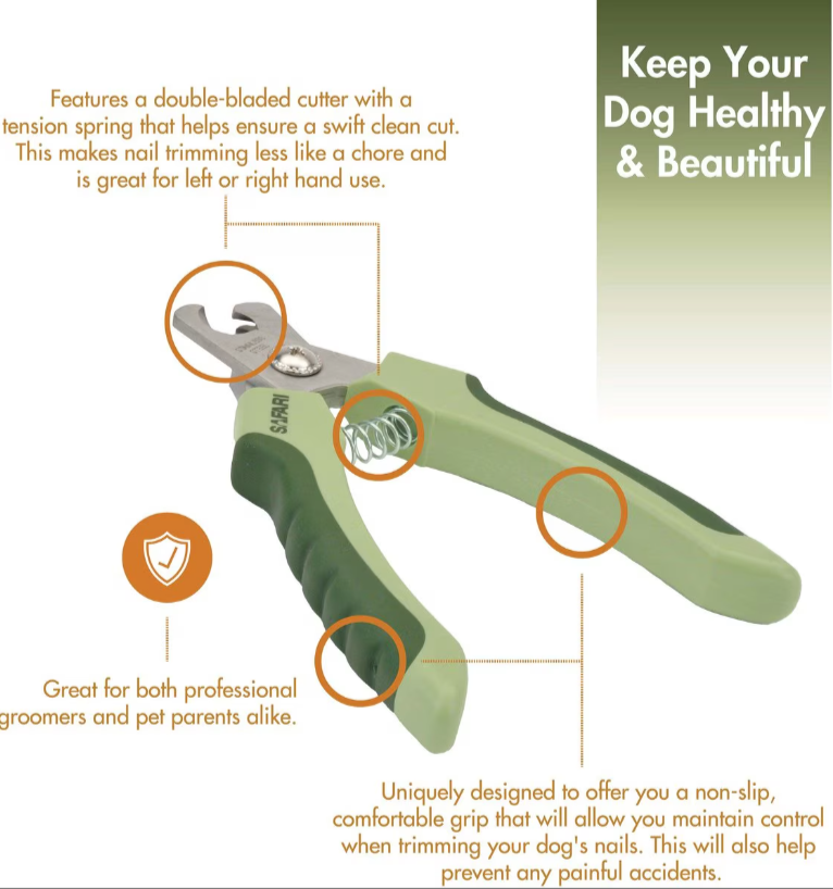 Pet nail clippers with text highlighting features on a green background