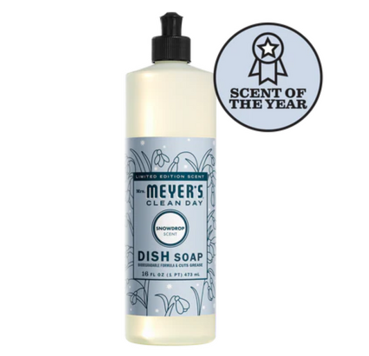 Bottle of Mrs. Meyer's Snowdrop scented dish soap on a white background.
