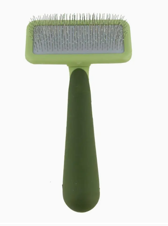 Green Safari soft slicker dog brush on a white background