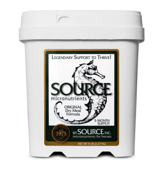 White container of Source micronutrients for horses with a label on a white background