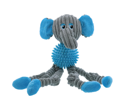 Dog toy shaped like an elephant with gray body and blue accents on a white background