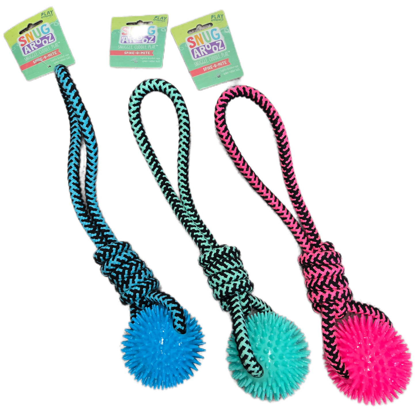 Three spiky ball and rope toys in blue, aqua, and pink on a white background.