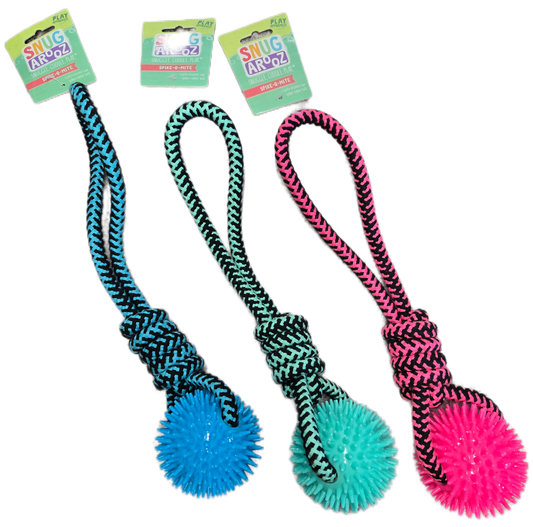 Three spiky ball and rope toys in blue, aqua, and pink on a white background.