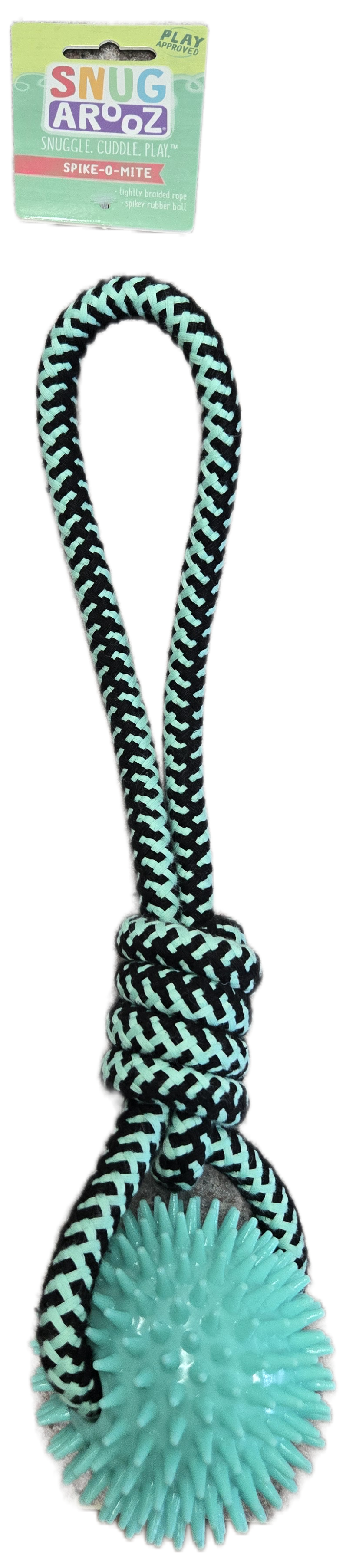 Teal and black rope dog toy with a ball on a white background