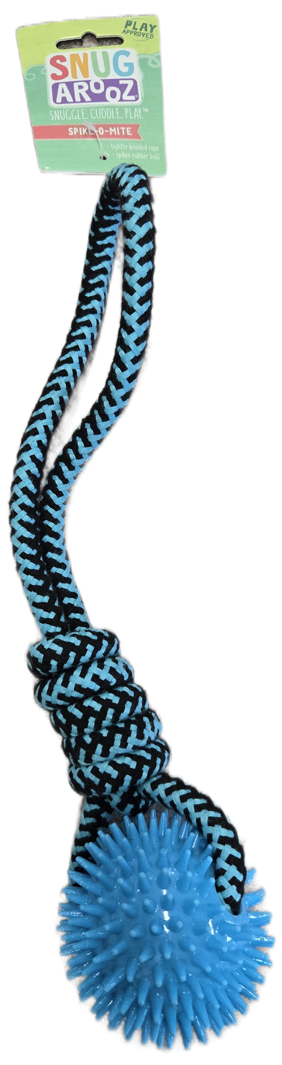 Dog toy with blue ball and black rope, on a white background