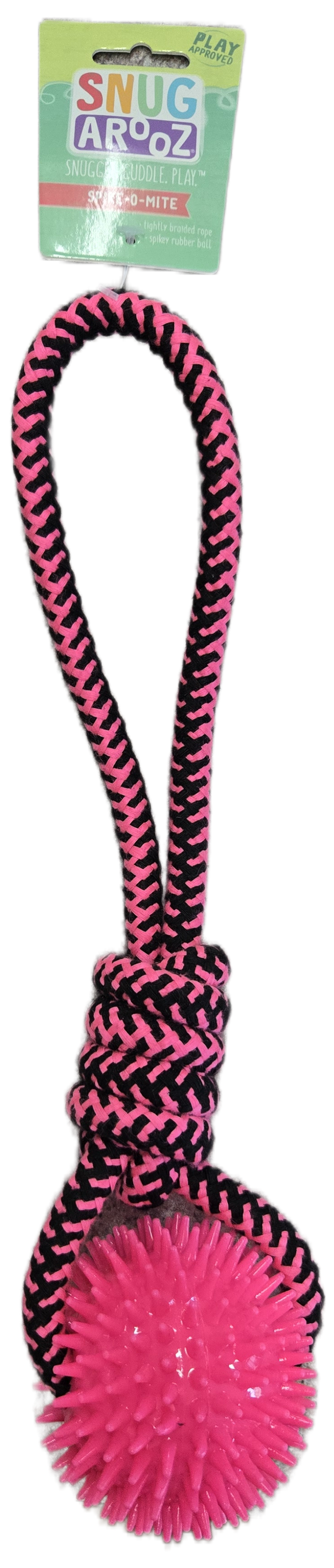 Pink and black rope dog toy with a ball, branded 'Snug Arooz', on a white background.