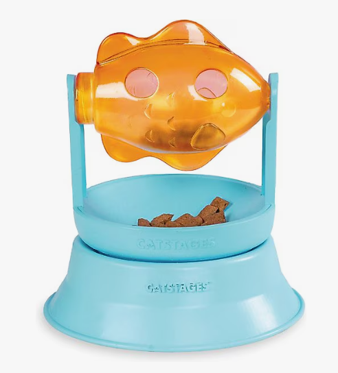 Pet toy shaped like a goldfish with a blue base on a white background